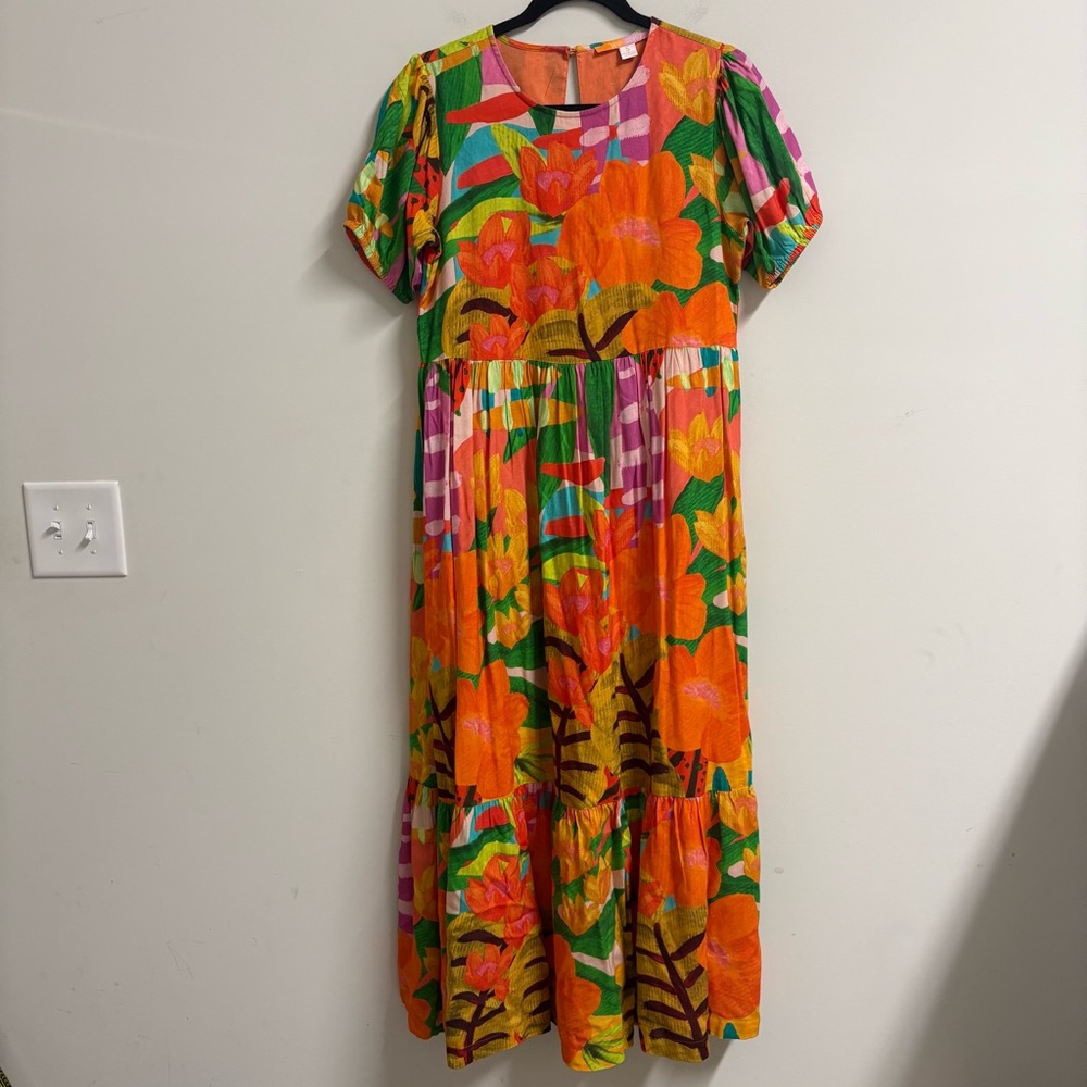 Briton Court Abstract Floral Puff‎ Sleeve Midi Dress Size S Small